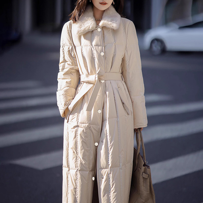 仟艺【双色暖冬】冬季新款外套高端鹅绒服毛领长款过膝羽绒服 