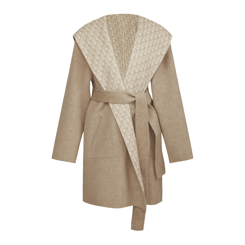 迪奥名莎秋冬中长款羊毛双面呢大衣系带连帽外套