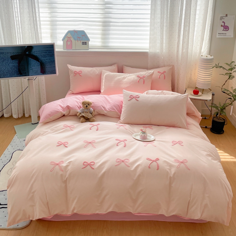 仙仙蝴蝶结 薄款A类100%全棉色织水洗棉毛巾绣三/四件套