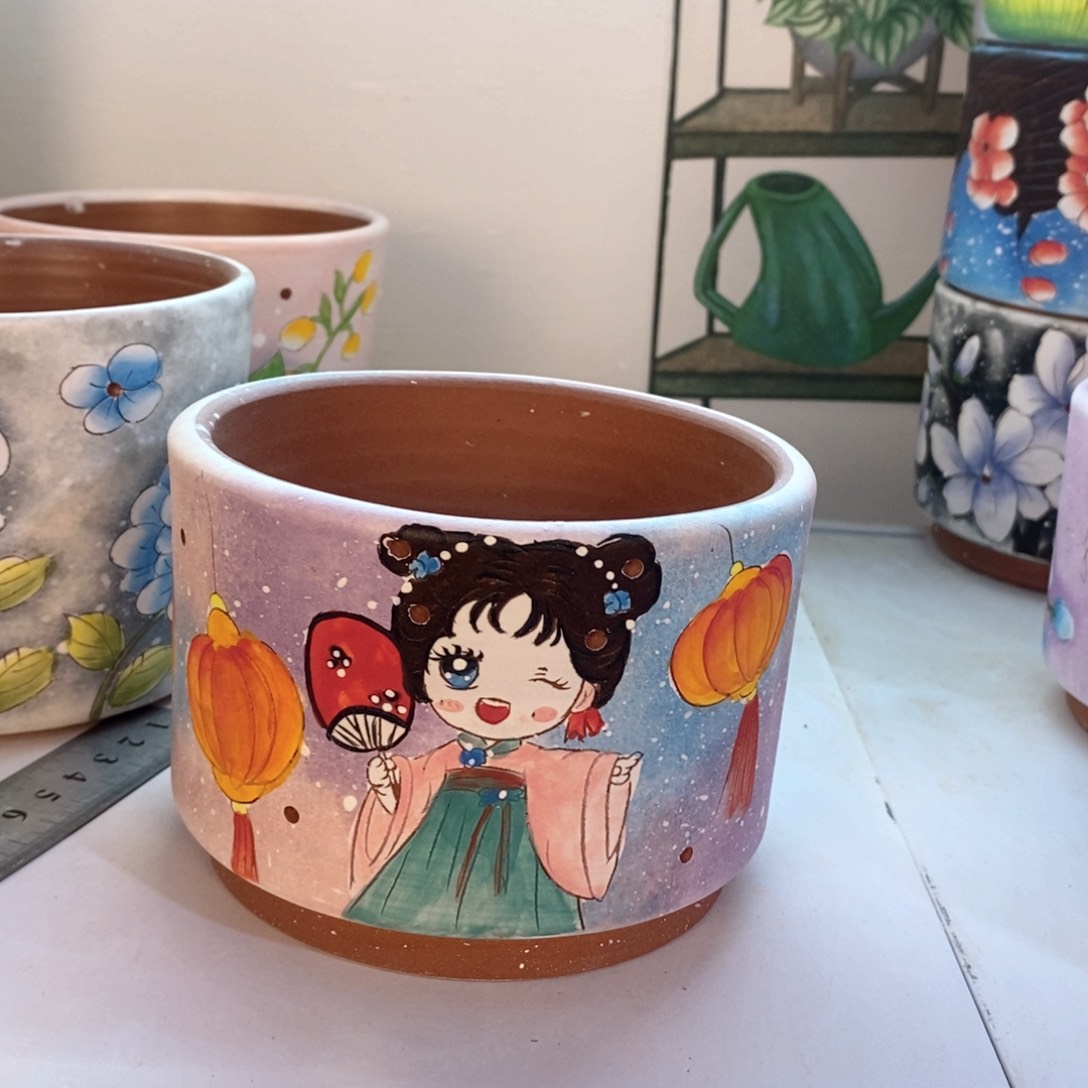 紫砂花盆红陶手绘花盆