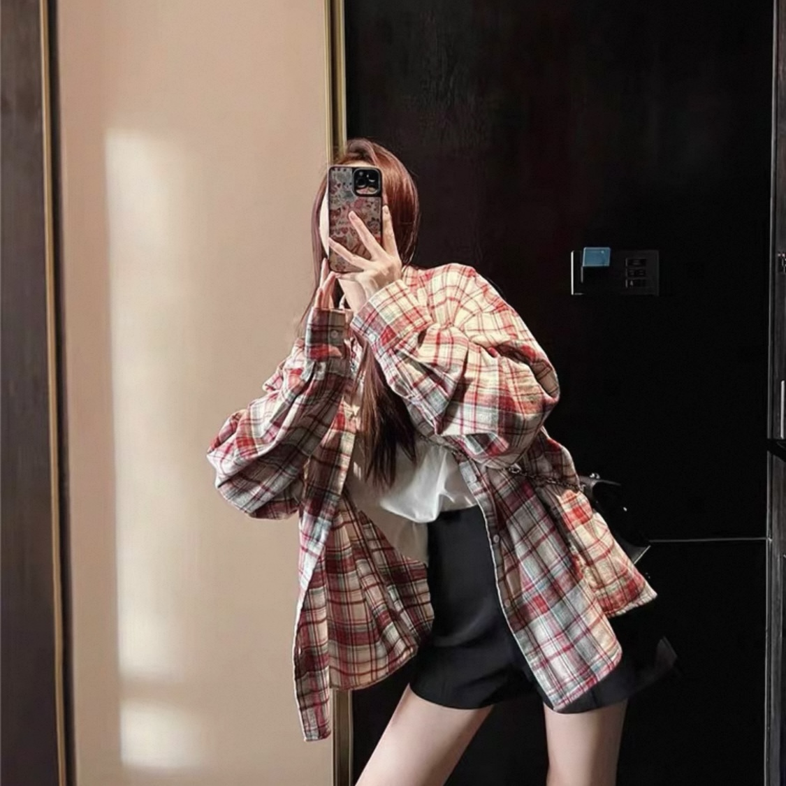[胖鹅张] 美式复古翻领红格纹衬衣  #8009[实物以直播间展示为准]