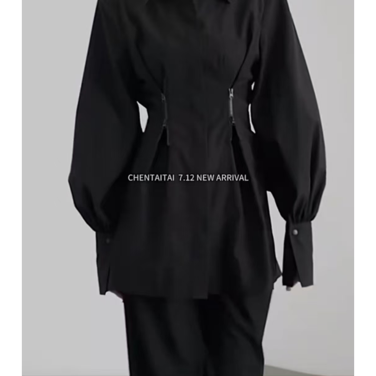 （王美丽）早春大码高级设计感拉链收腰修身显瘦百搭衬衫9919