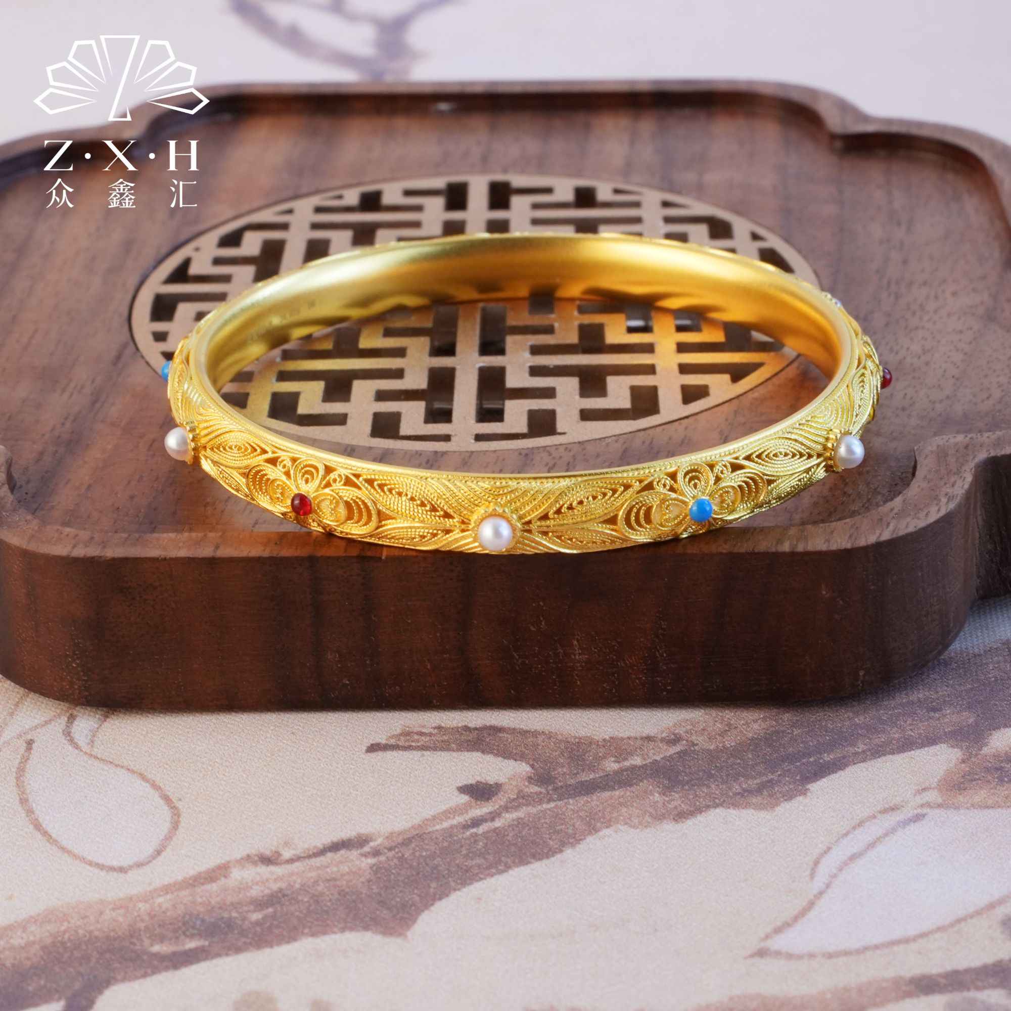 {众鑫汇}足金999  珐琅彩宫廷风花丝珠韵手镯