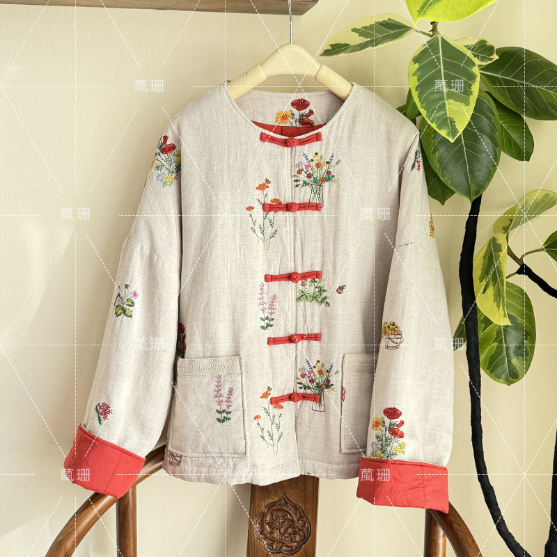 【花草刺绣】冬季新中式国风重工刺绣亚麻盘扣休闲款棉服52656