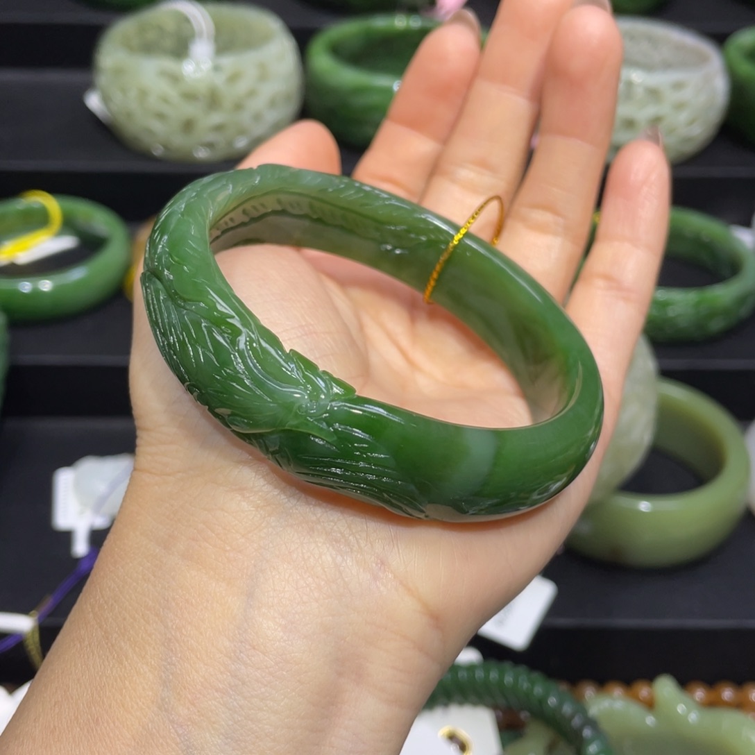 和田玉手镯59+圈口 编号96银S925镶嵌