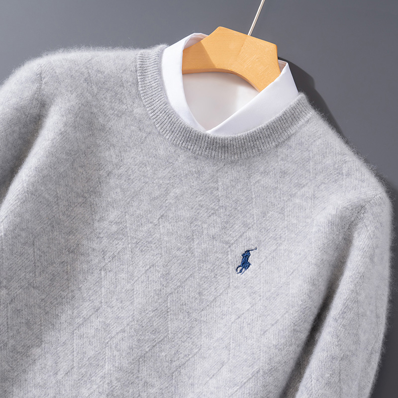 纯粹的气质款~秋冬新款小马刺绣菱形花纹圆领羊毛衫男士针织衫