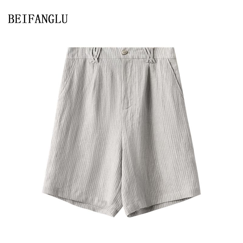 北方鹿【100亚麻短裤】法式老钱风百搭条纹显瘦松紧腰休闲短裤19049