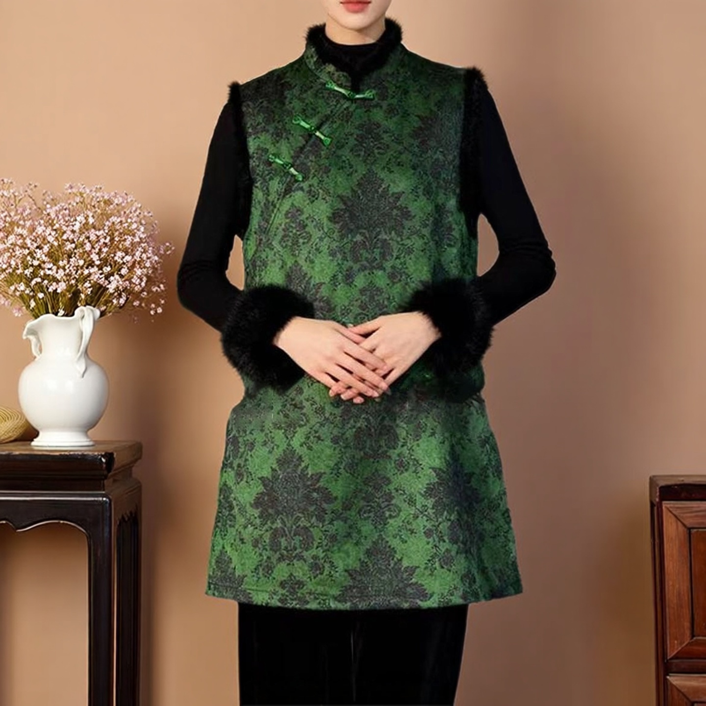 中式国风绿色提花水貂毛马甲加棉连衣裙女盘扣复古高级感气质裙75