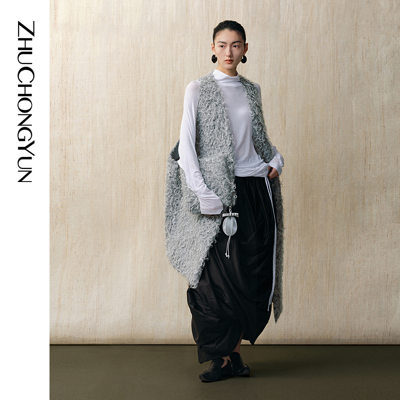 ZHUCHONGYUN春时尚简约立领宽松抽绳白色长袖莫代尔上衣C1FZ14451