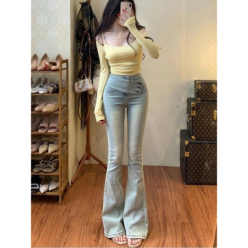 高个子加长斜扣腰带设计微喇牛仔裤女夏季腰臀比高腰修身显瘦长裤