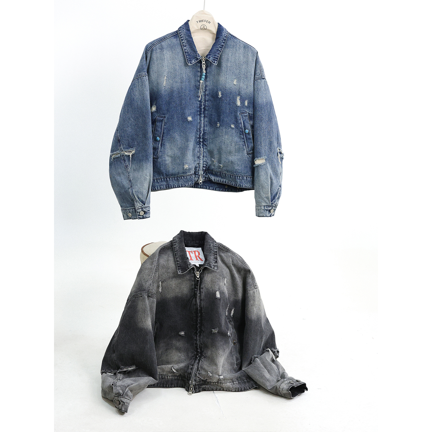 Triffer25AW冬季牛仔羽绒服外套重水洗磨破90白鸭绒男女款
