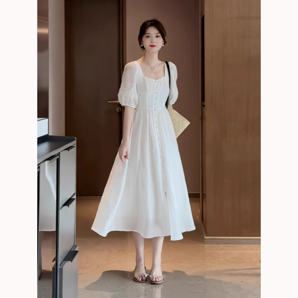 夏季微胖mm法式别致时尚减龄长裙微胖妹妹显瘦大码女装白色连衣裙