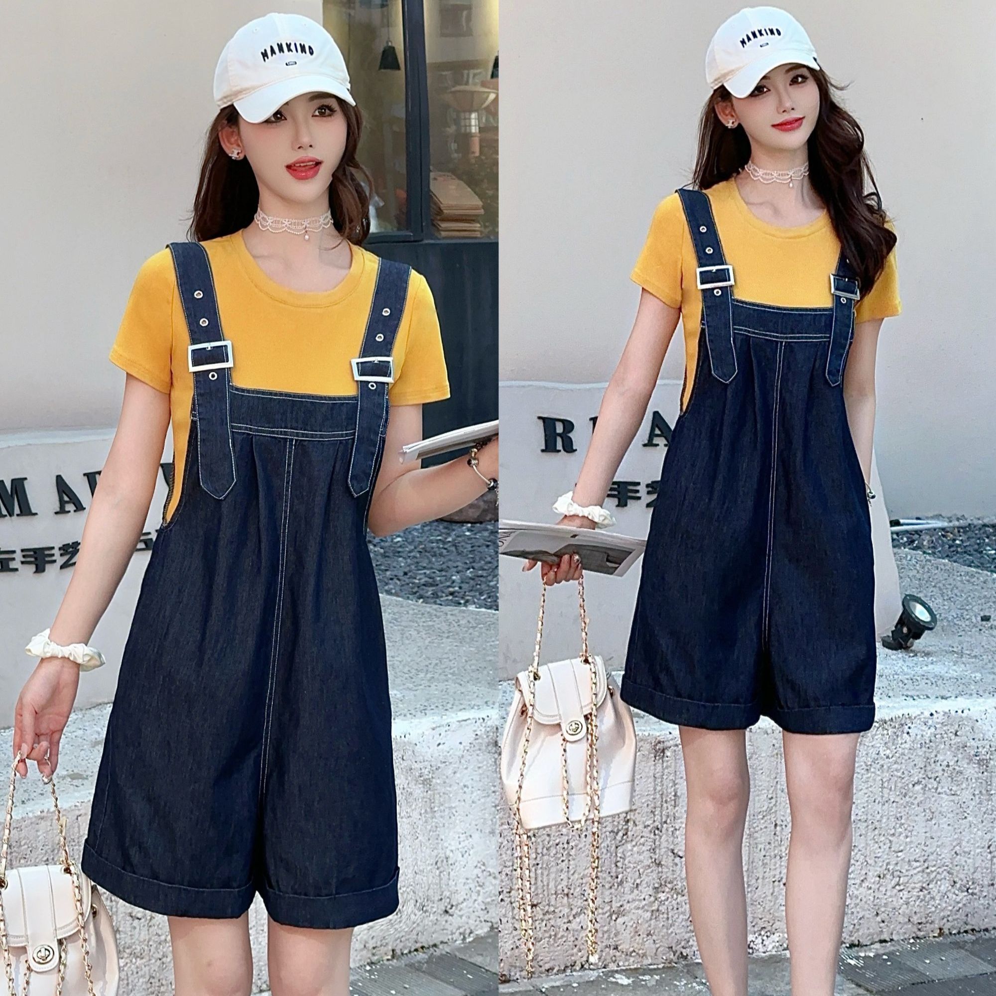 817#（裤长85左右）短袖T恤牛仔背带裤两件套