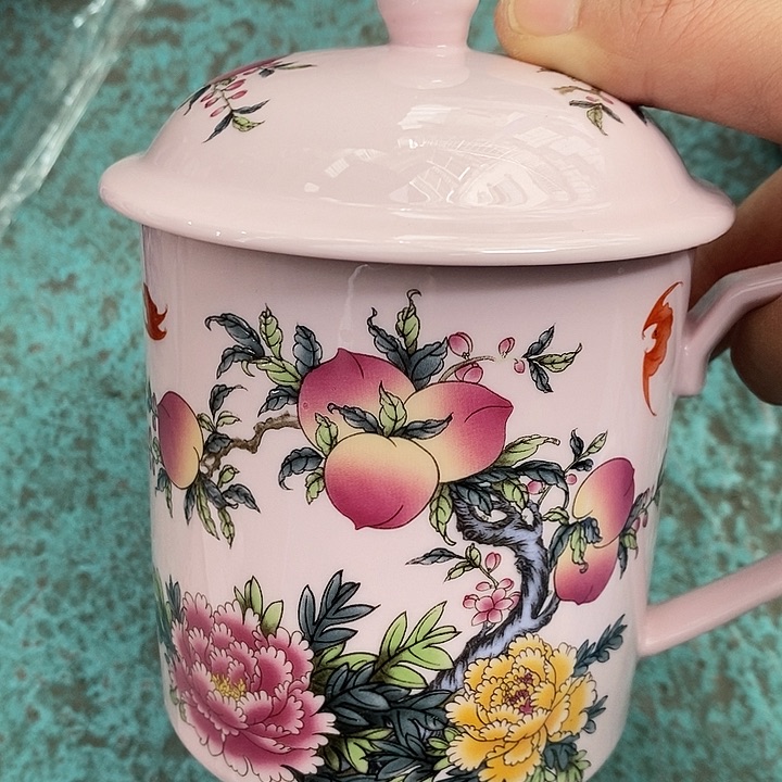 摆件陶红稀土寿桃直筒办公杯