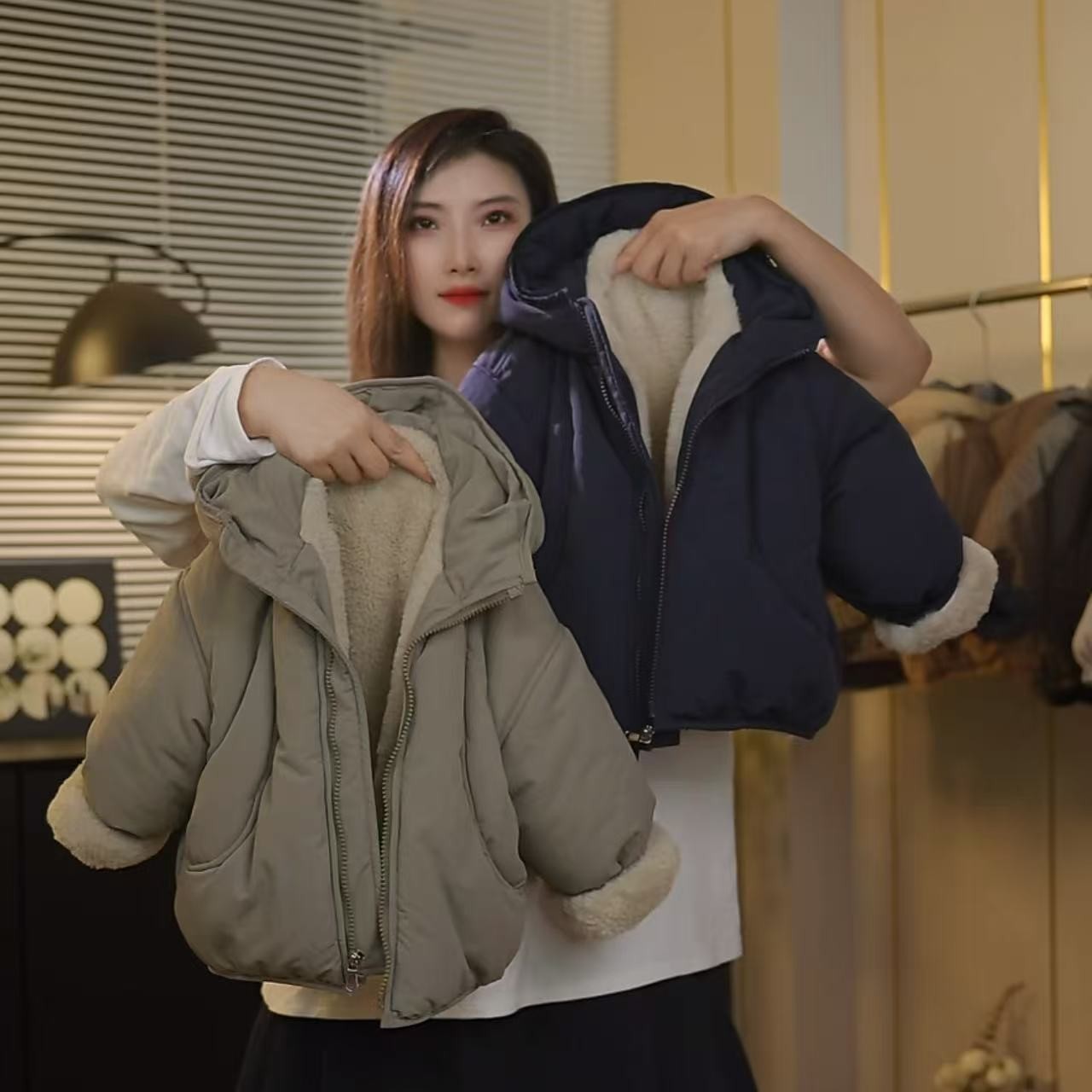 儿童连帽棉服加绒2025冬季款男女童兔毛棉袄外套宝宝纯色棉衣加厚