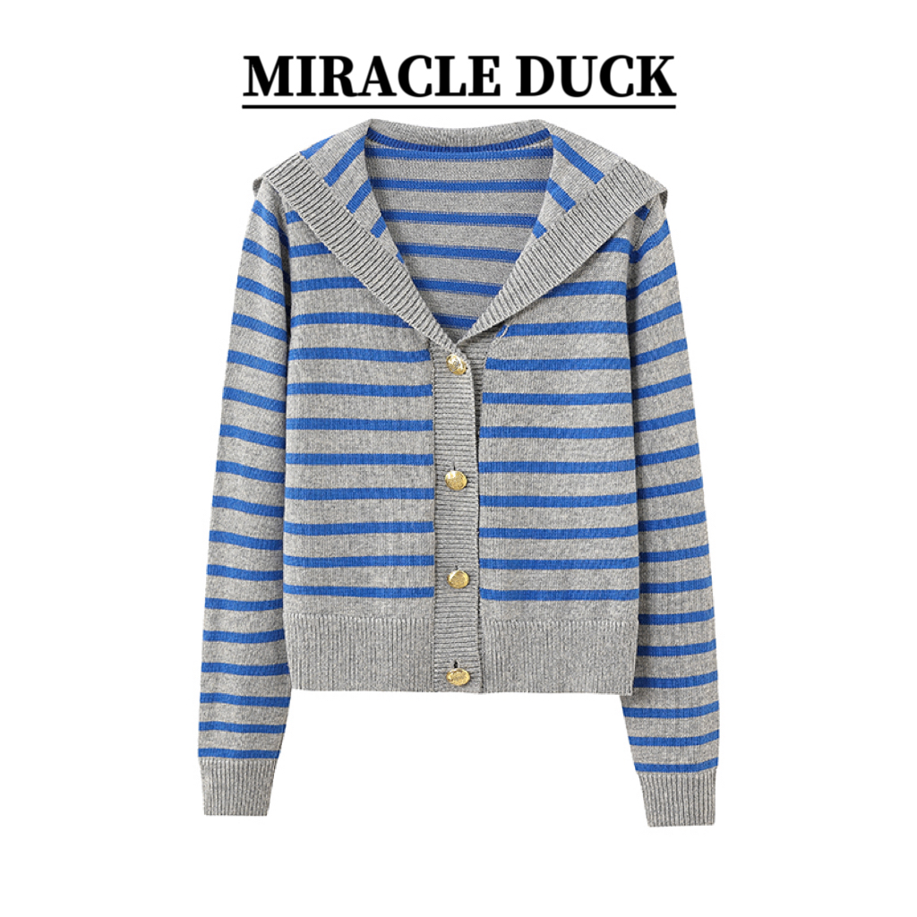 6号【】春秋冬百搭厚款毛针织衫灰蓝色条纹撞色针织开衫C1836