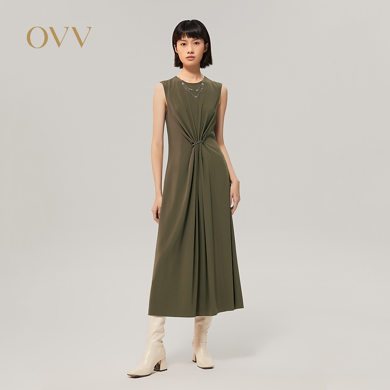 【艾钱钱专属】OVV秋冬新款女装叠褶束腰无袖连衣裙GQLWJ32106A