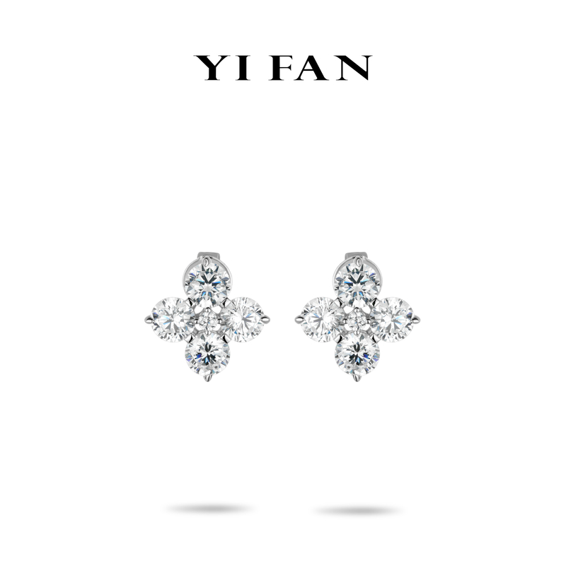 925银合成锆石耳饰 3967-白色圆点四瓣花百搭耳环