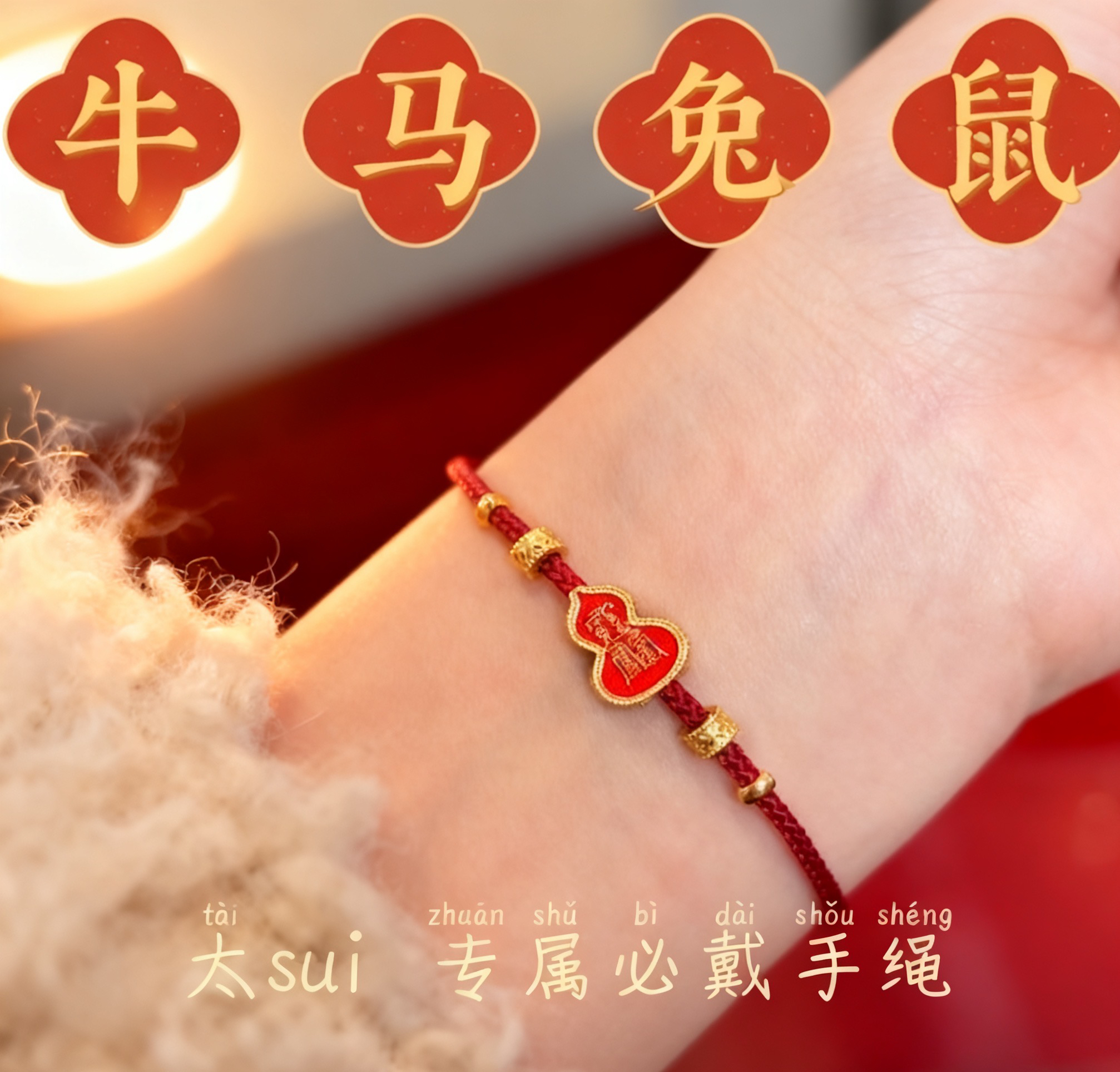 含辰砂工艺品本命年《马牛鼠兔》汰岁符太sui令福禄酒红绳礼物手链