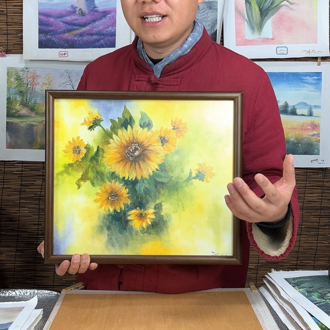 油画行路人小院绘画作品