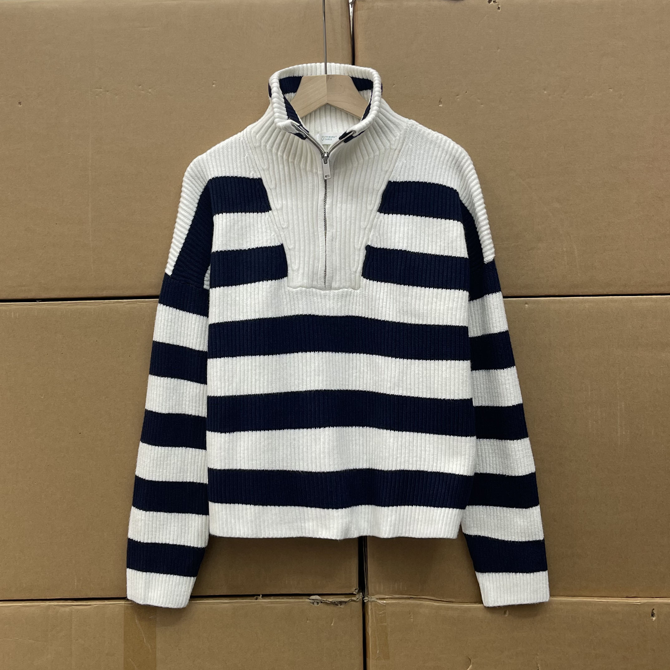 外贸沅货！！爱尔兰单！！女士秋冬新款翻领条纹毛衣 拉链套头针织衫