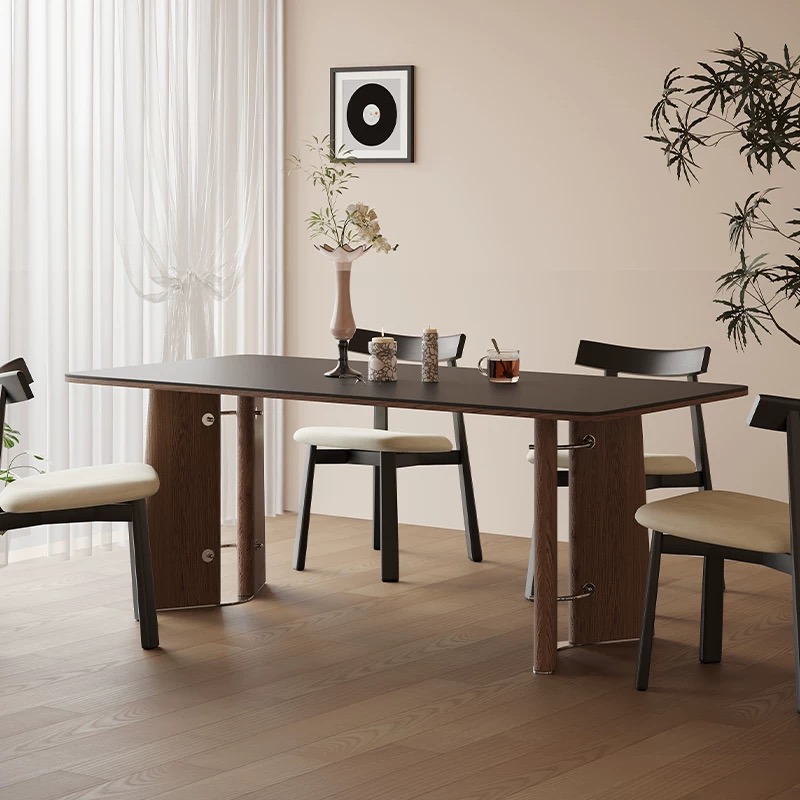 复古风黑色岩板餐桌椅组合大小户型现代简约胡桃色实木长方形饭桌