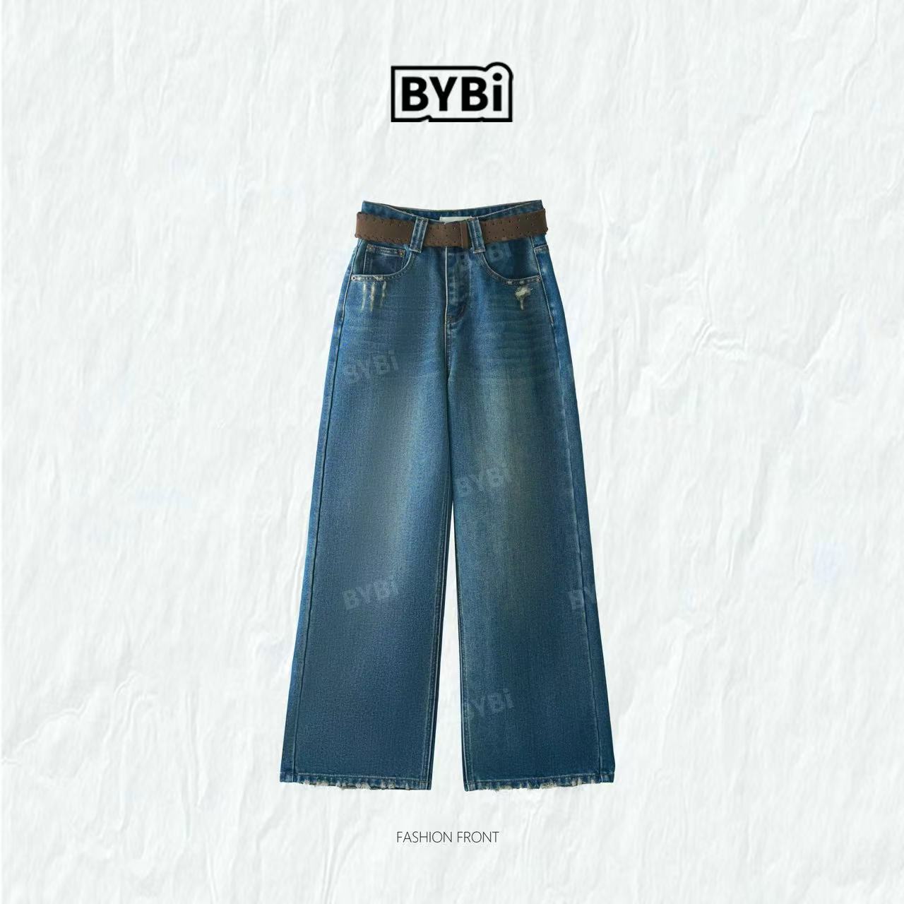 【Barbie Jingni】‘’日出裤‘’1615冬季直筒磨破设计抓绒宽松牛仔裤