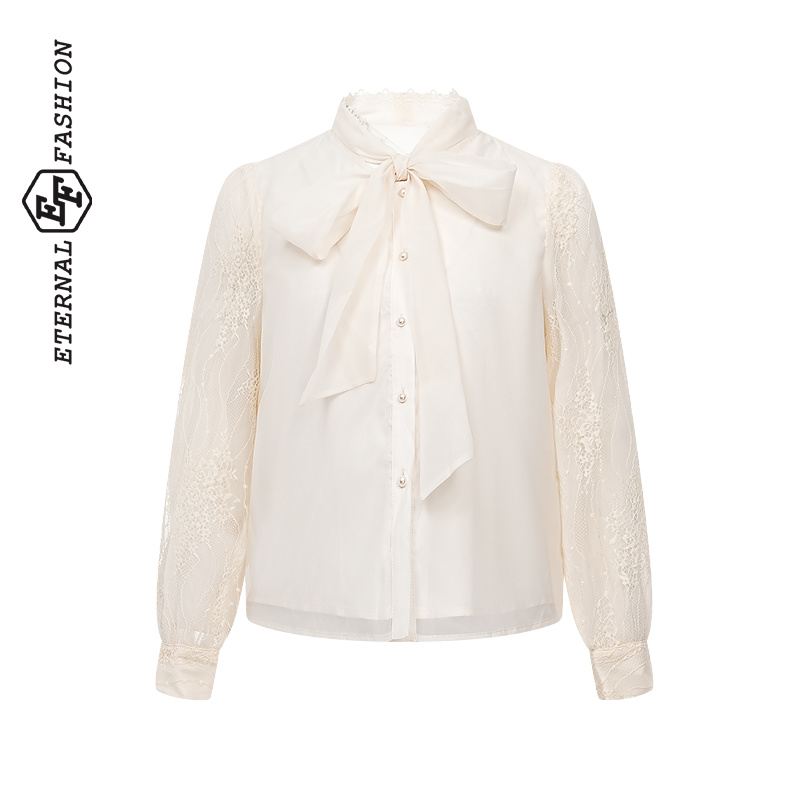 EF法式上衣2025春季新款蕾丝拼接蝴蝶结领衬衫E1241A0008