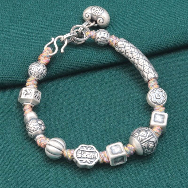 足银手链 足银手链 女士长命锁编织手链