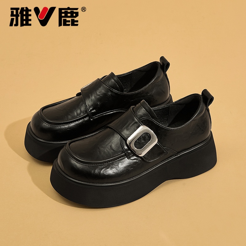 V/雅鹿2502气质百搭粗跟乐福女2025新款春秋季英伦风魔术贴小皮鞋