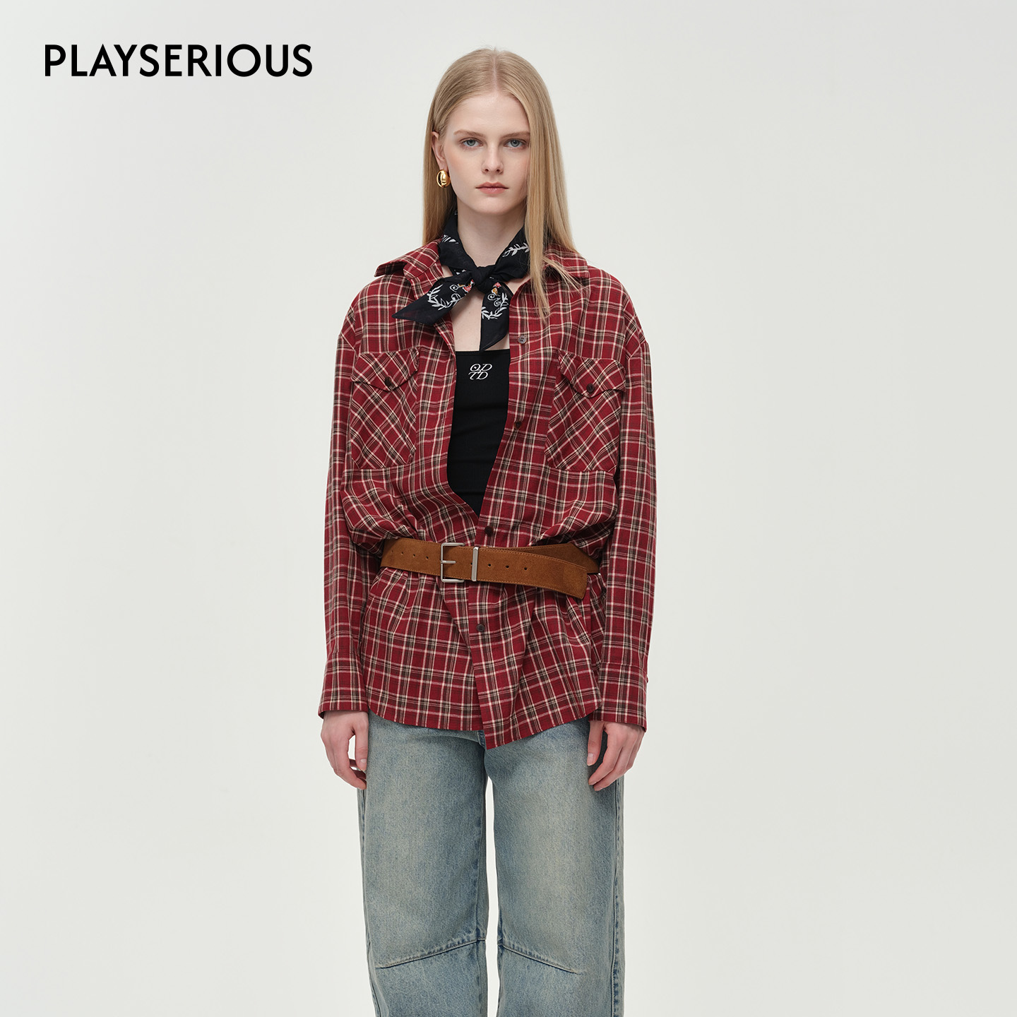 ODTD 2025秋冬新款马年图案刺绣格纹衬衫女美式复古百搭长袖衬衣