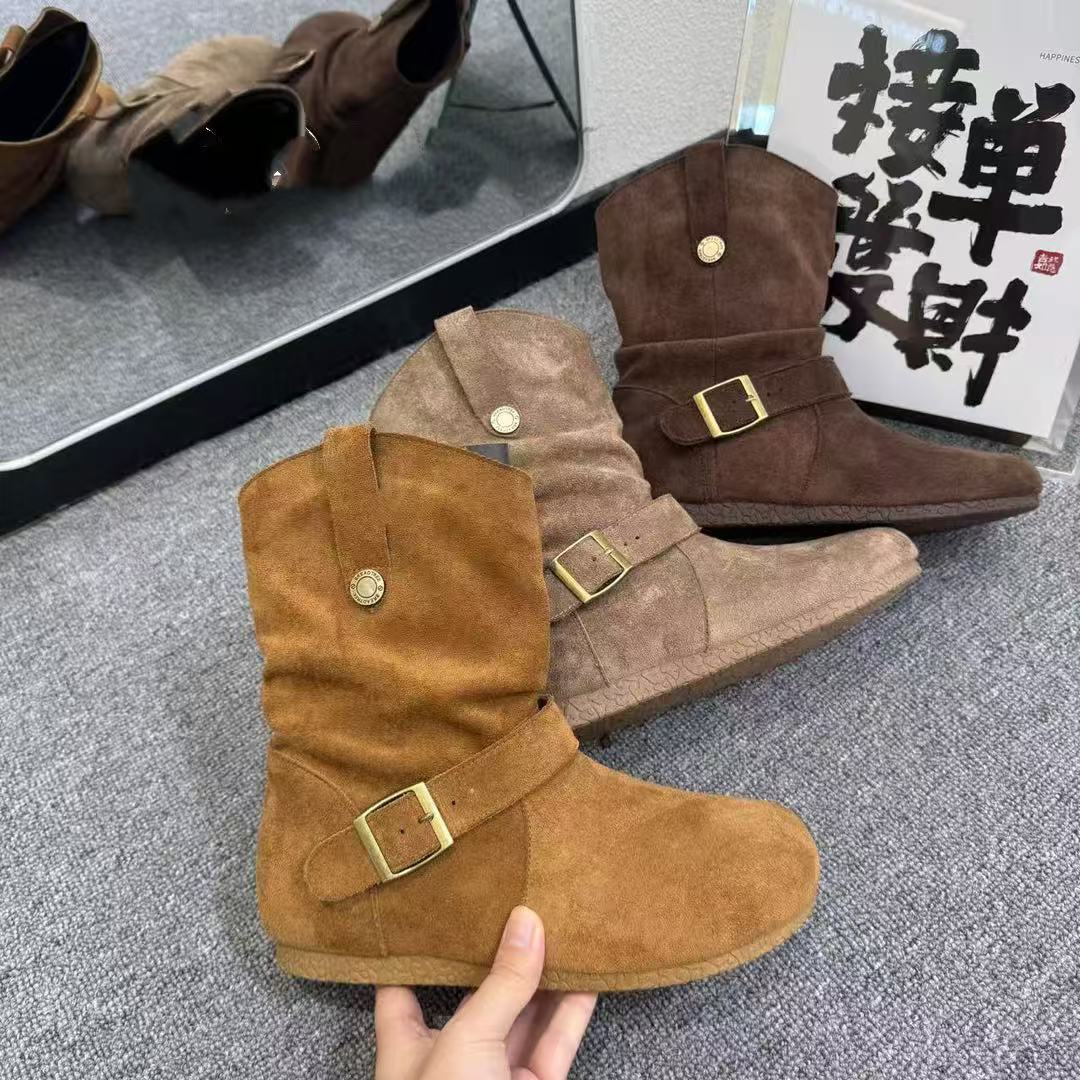复古内增高短靴女2025秋冬新款丑萌堆堆厚底马丁靴勃肯西部牛仔靴