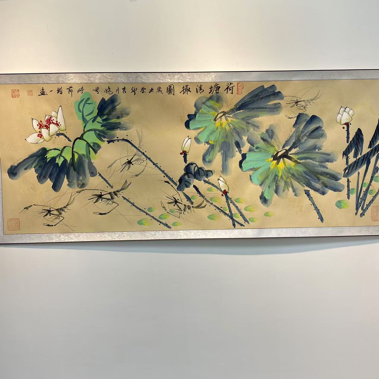 手绘《荷塘清趣》纯手工装裱长210cm宽70cm