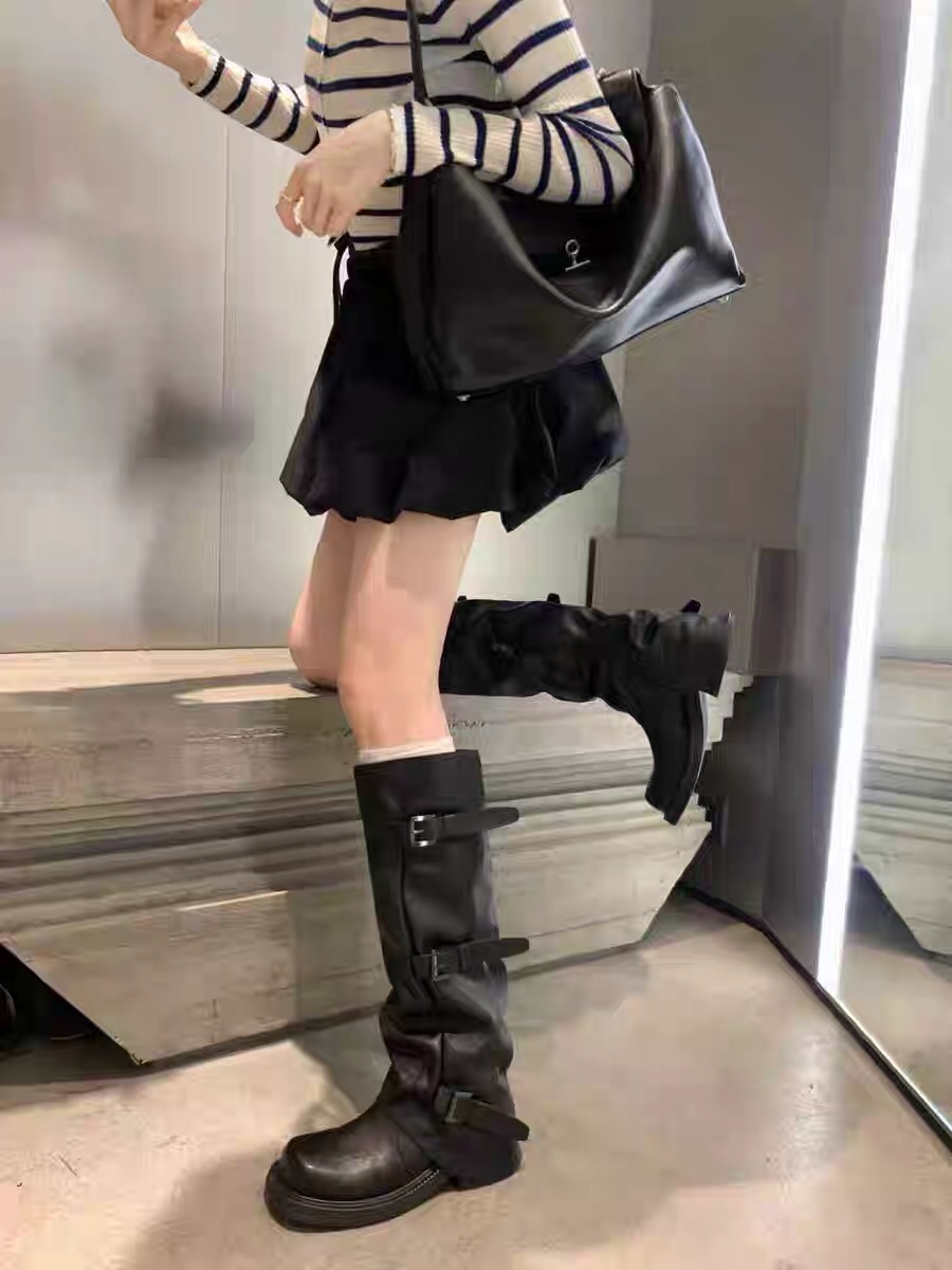  【芳芳私人定制】厚底粗跟褶皱长筒靴甜酷辣妹堆堆裤管靴骑士靴