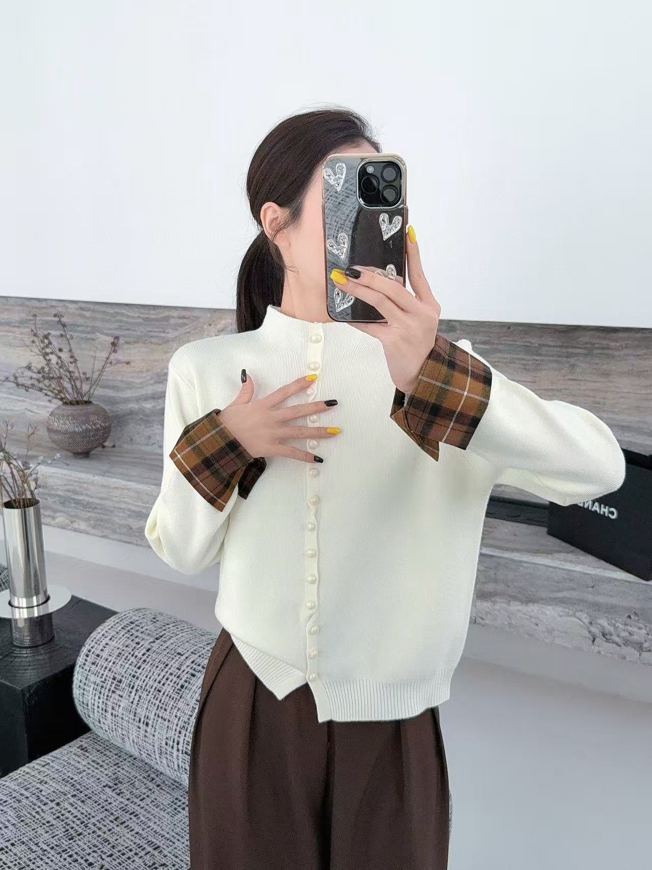 韩系安迪绒格子立领拼接长袖针织衫女秋冬新款单排扣百搭打底毛衣