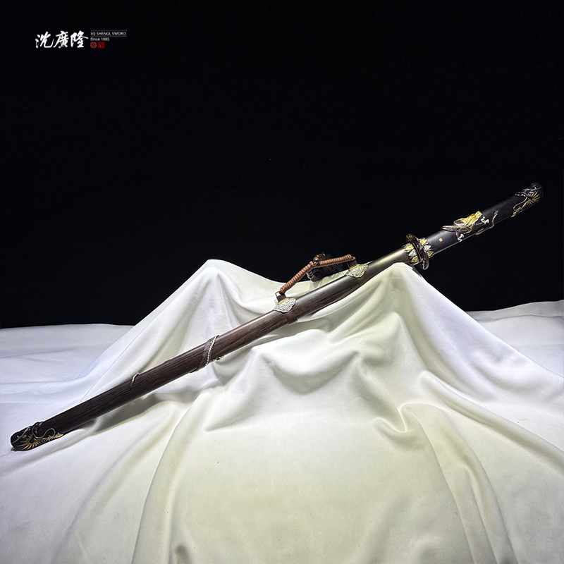 龙泉沈广隆-天龙直刀 双色 黑檀木 花纹钢 宝剑 未开刃