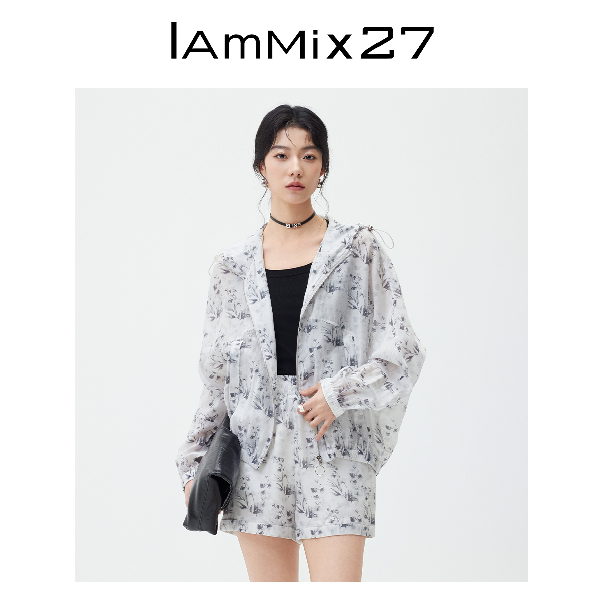Iammix27夏季轻薄女简约宽松印花莱赛尔衬衫短裤两件套女M4C325A