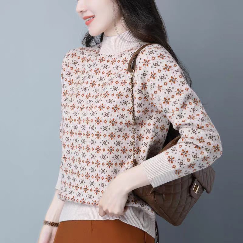 【重工小碎花~米白色】半高领针织衫新款提花加厚针织长袖打底女