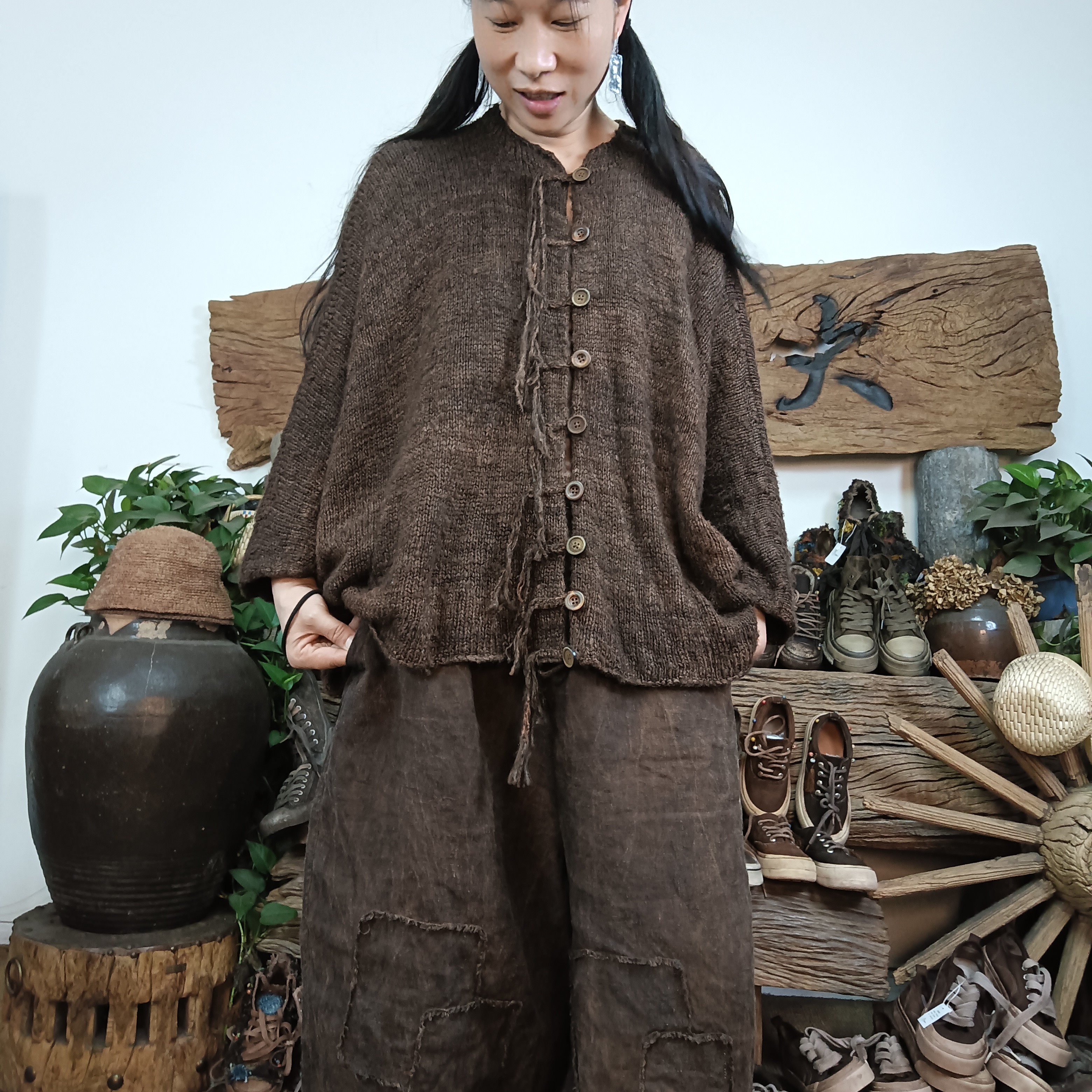 手工编织植物染色一百的柞蚕丝开衫外套