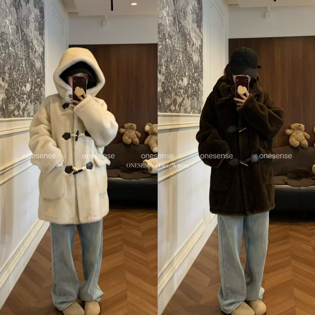 【万万家】2025秋冬新款韩版常规款连帽牛角扣加厚时尚百搭毛毛外套