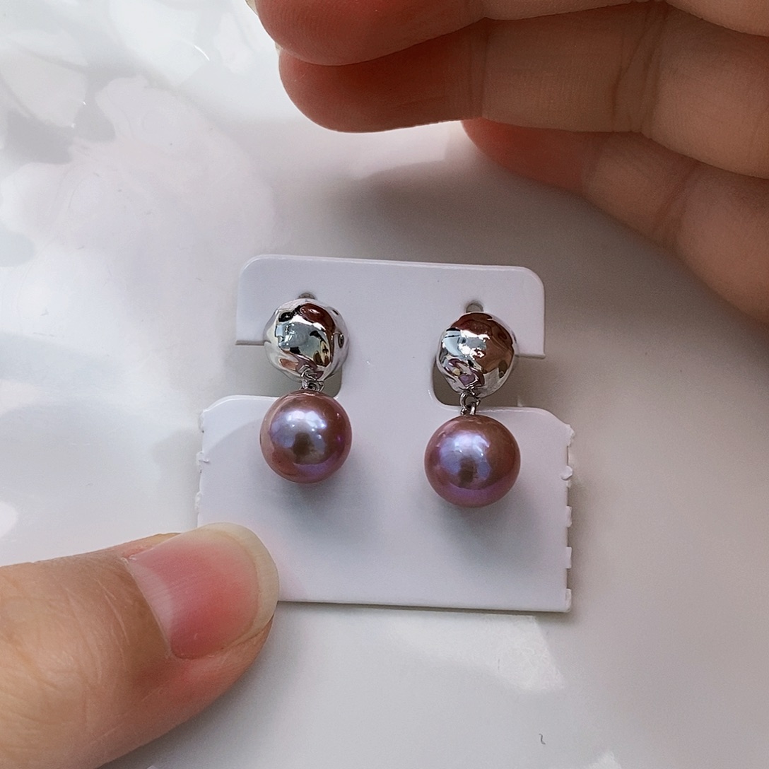 银S925镶嵌新品特价淡水紫珠耳饰淡水珍珠