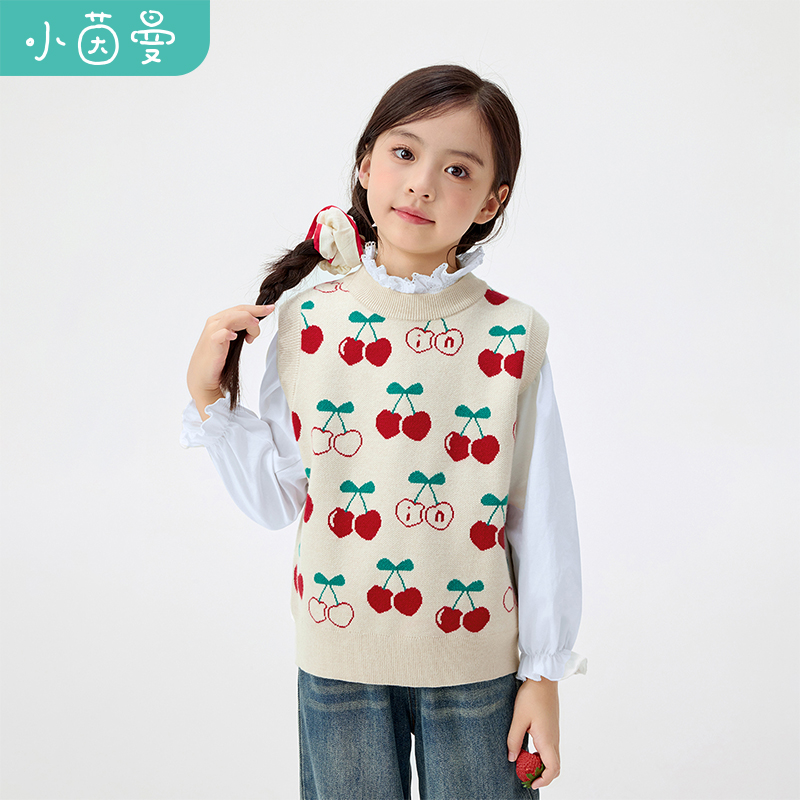 小茵曼女童针织马甲草莓图案25春秋中大童休闲无袖上衣GO3853193
