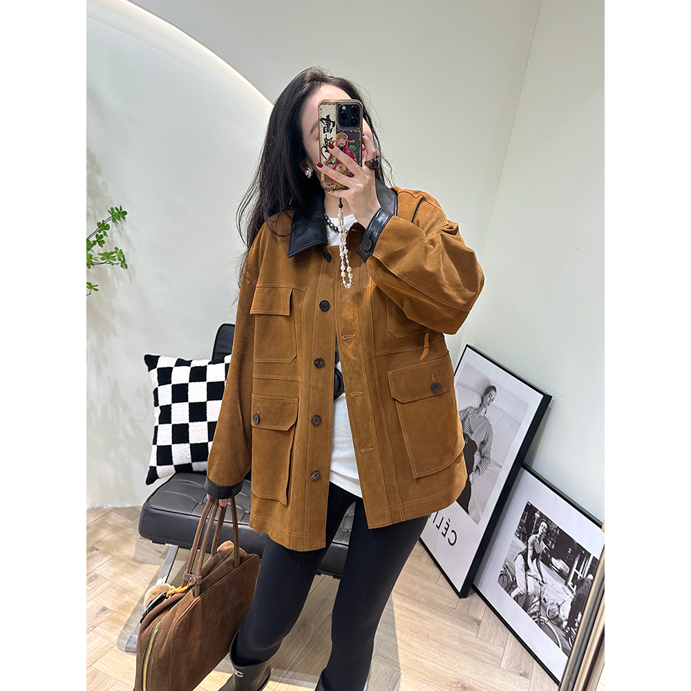 RUIMIN 进口山羊皮正绒超薄老钱风宽松多口袋工装夹克外套女 7006