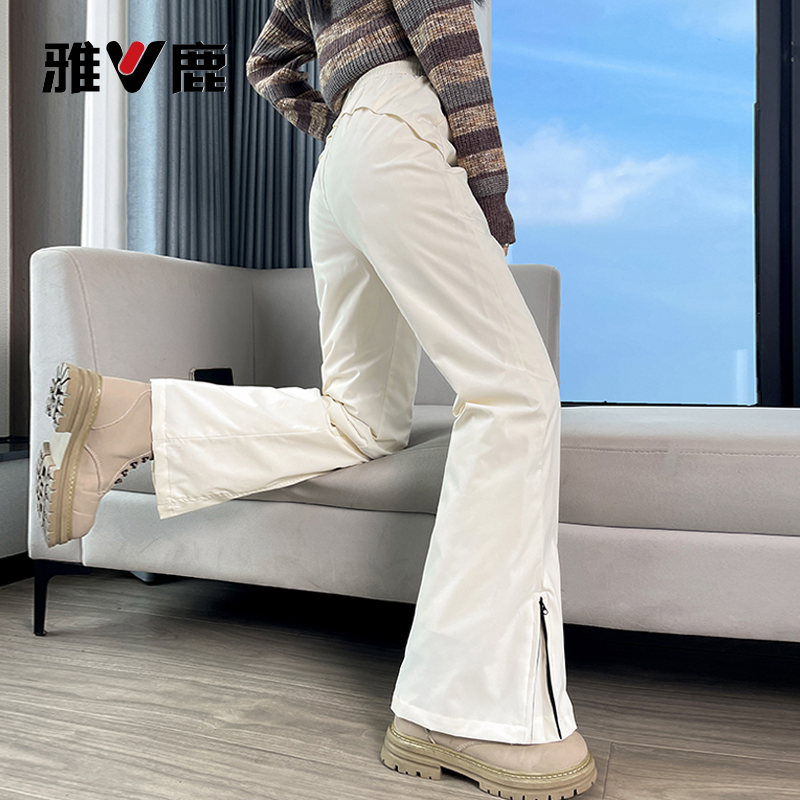 雅鹿羽绒裤女外穿2025新款冬加绒加厚微喇阔腿工装防水保暖休闲裤