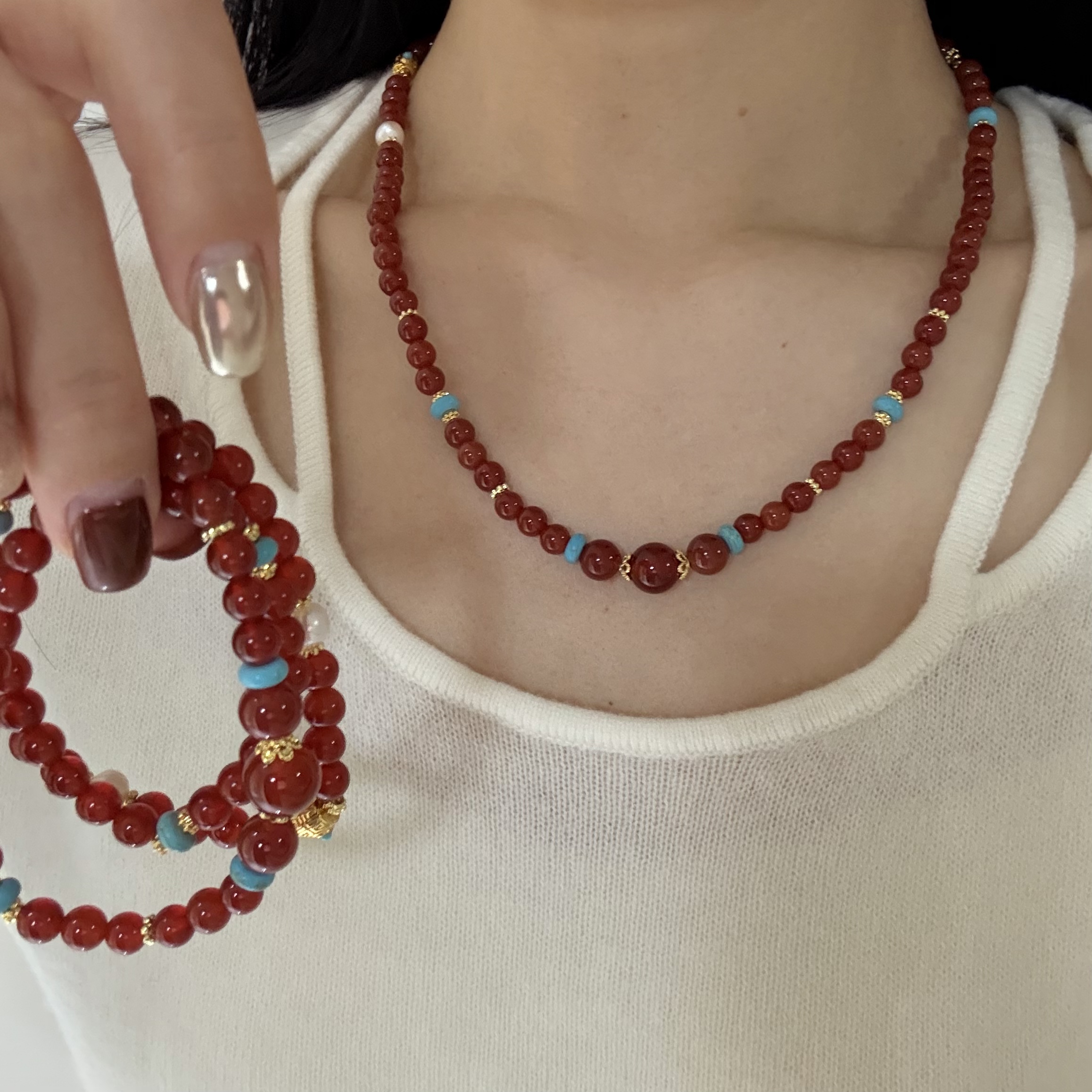 Y39【红袖添香】天然水晶红玛瑙多圈手串多样性发其一