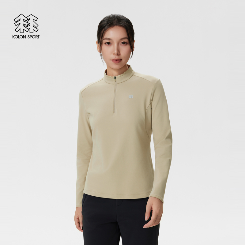 KOLON SPORT可隆户外休闲衣抗菌女士秋冬微拉绒半拉链长袖T恤