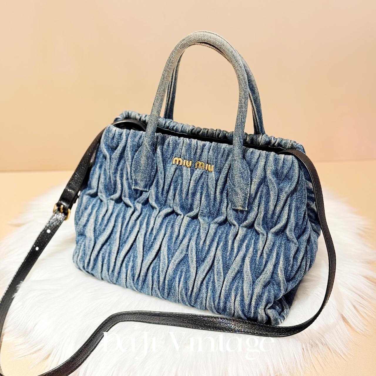99新 MIU MIU/缪缪 大吉中古/Miumiu蓝丹宁褶皱手提斜挎包