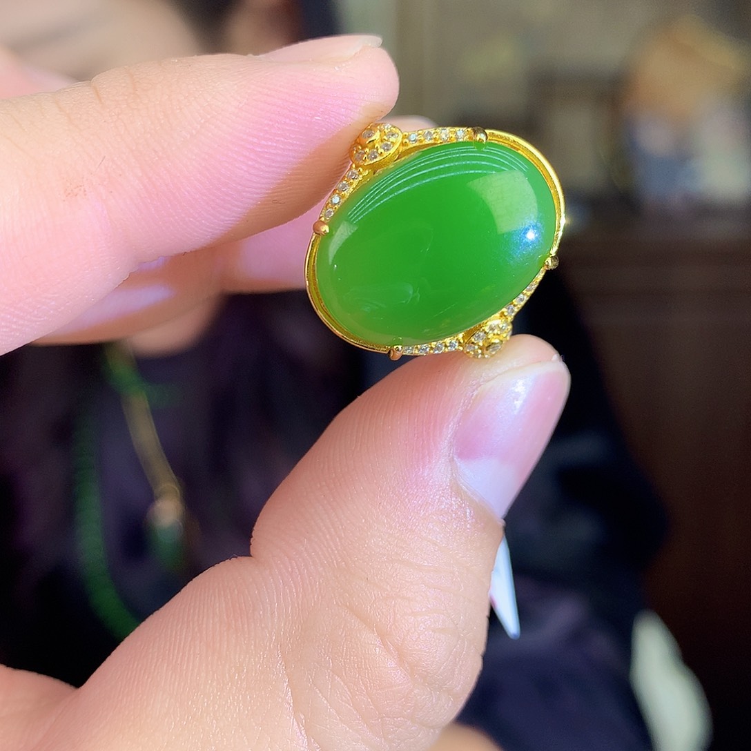 吊坠(不含链)银S925镶嵌和田玉（碧玉）戒指