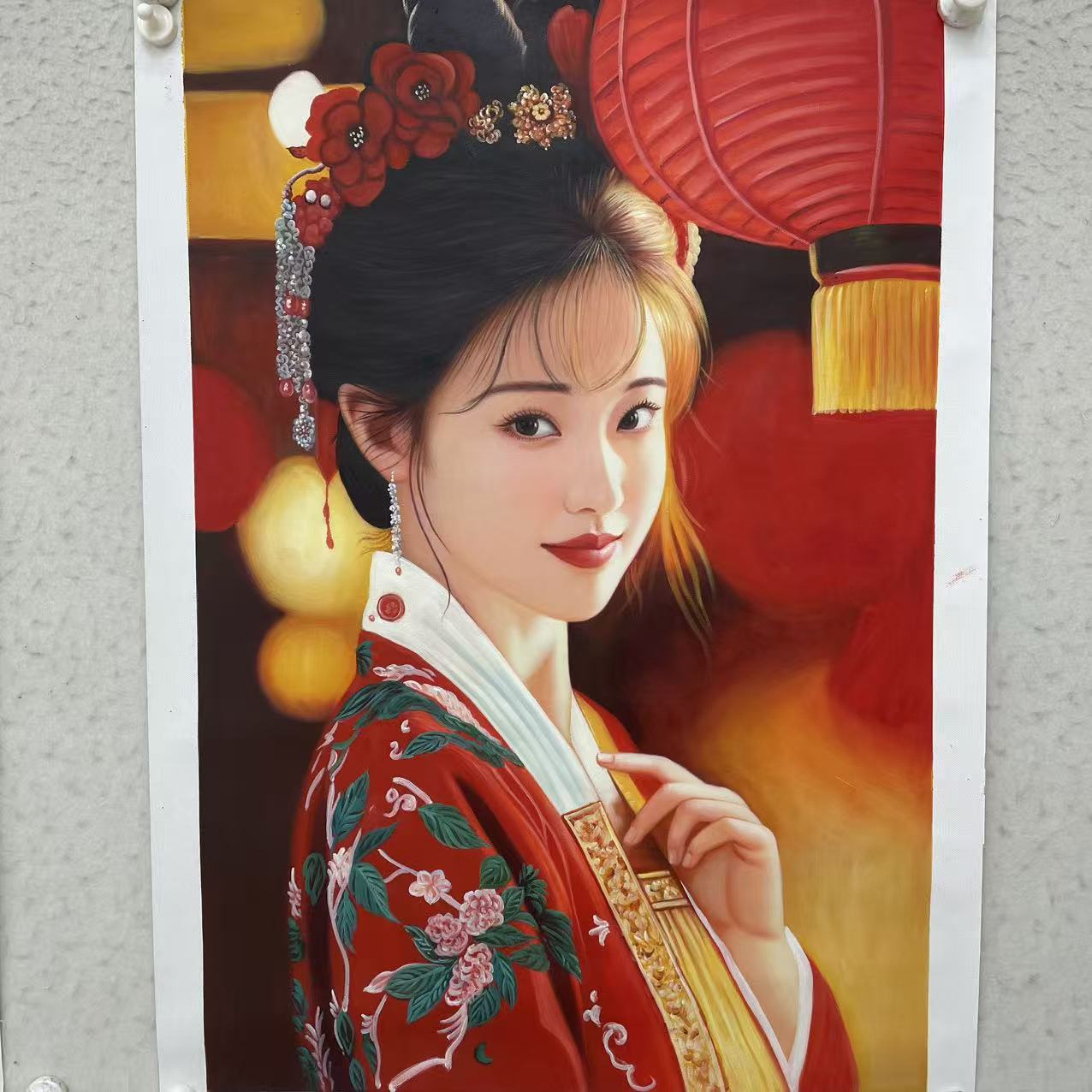 林彦新***中国新娘-灯笼-约60*90厘米-手绘油画-麻布-I