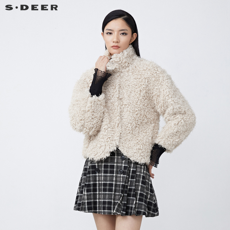 sdeer圣迪奥女装时尚休闲高领仿羊羔毛短款外套S21482226